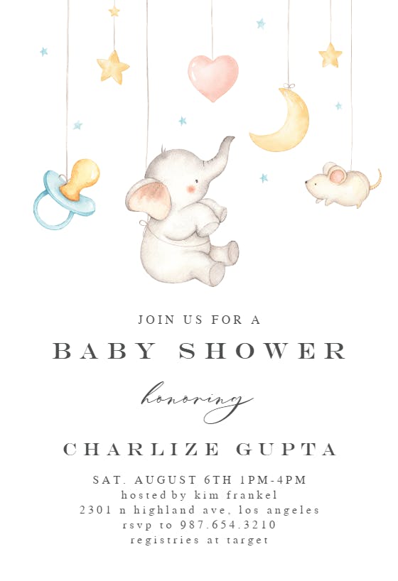 Baby elephant mobile -  invitación para baby shower de bebé niña gratis
