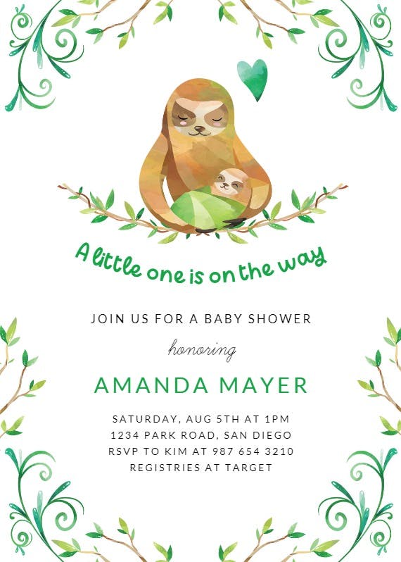 Baby sloth - baby shower invitation
