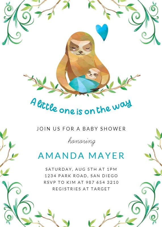 Baby sloth -  invitación para baby shower