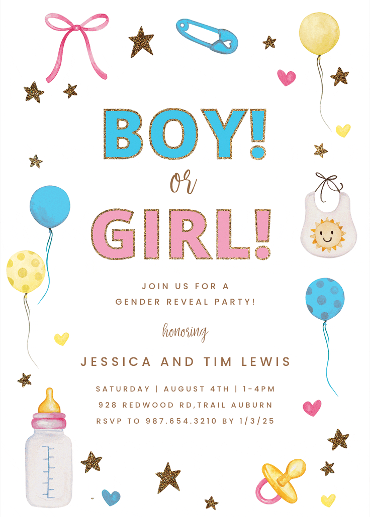 Baby stuff and glitter - invitación de revelación de género