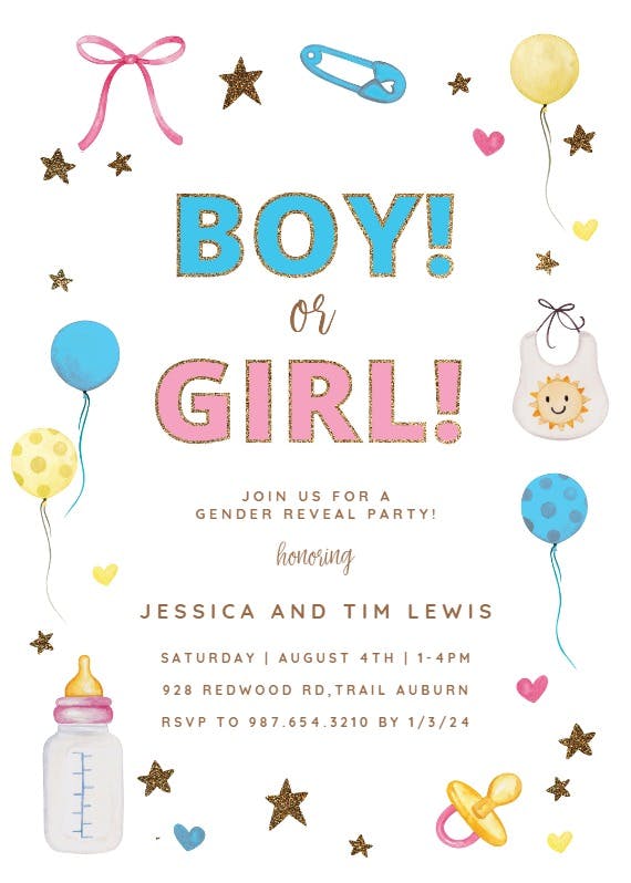 Baby stuff and glitter - gender reveal invitation