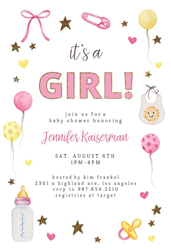 Baby stuff and glitter -  invitación para baby shower de bebé niña gratis
