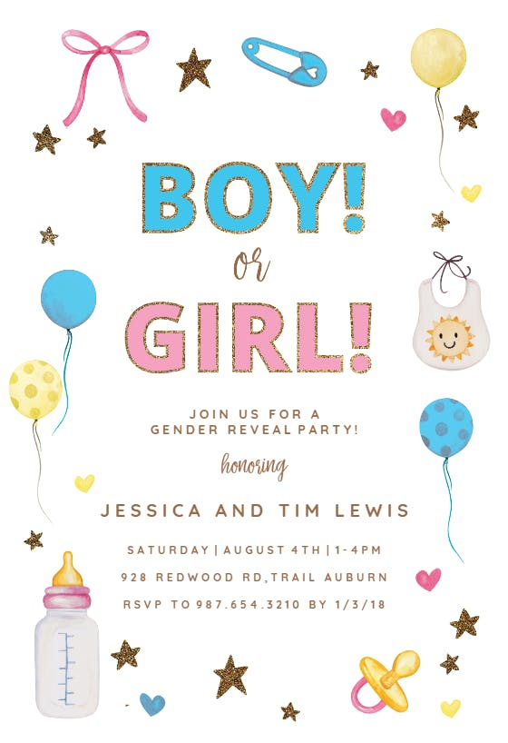 Baby Stuff And Glitter - Invitación De revelación de género | Greetings