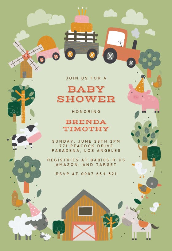 Barnyard bash -  invitación para baby shower de bebé niño