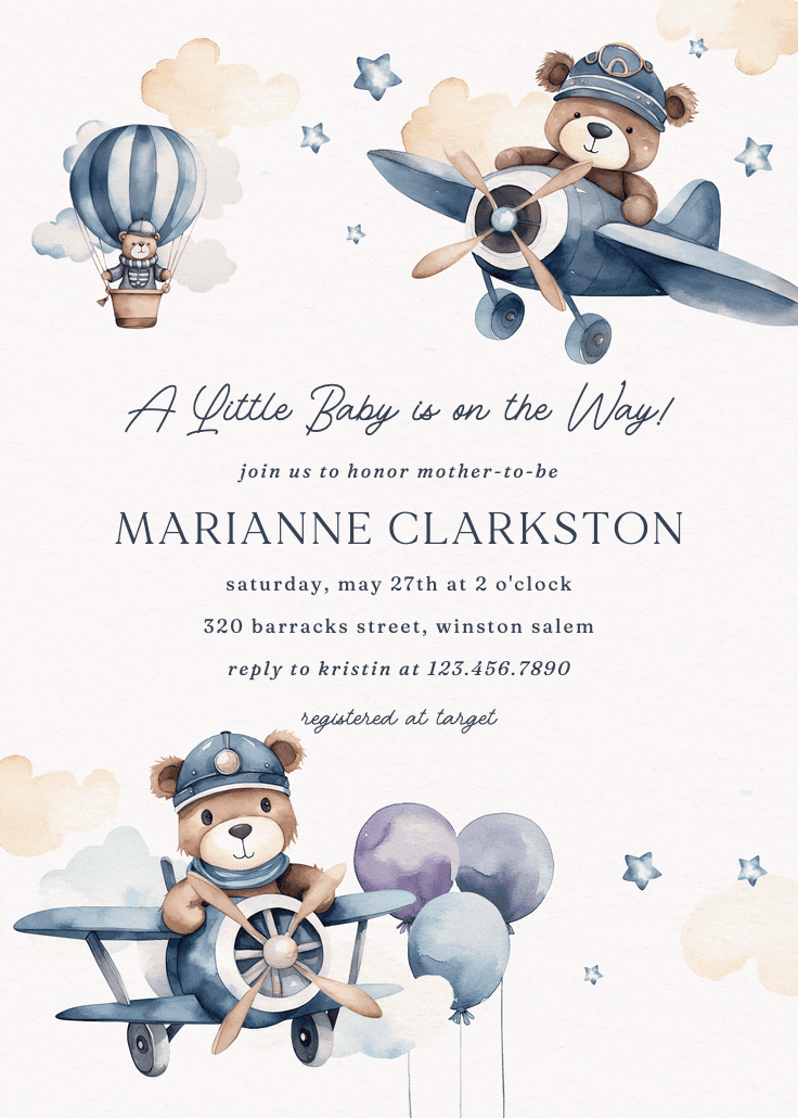 Beary cute pilot - baby shower invitation