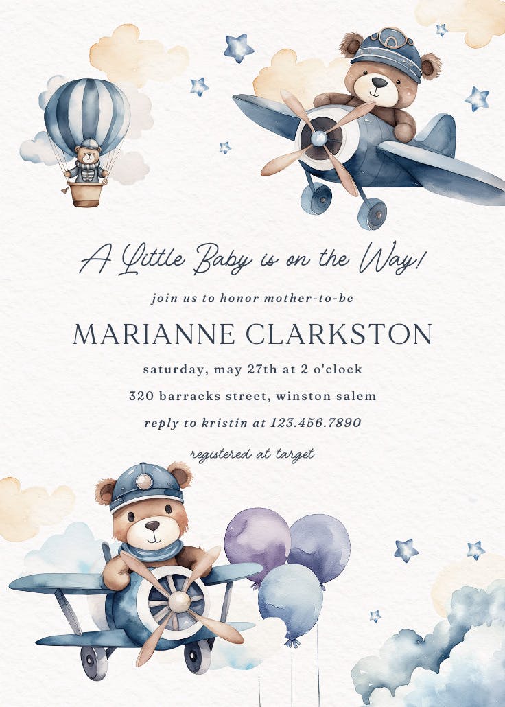 Beary cute pilot - baby shower invitation