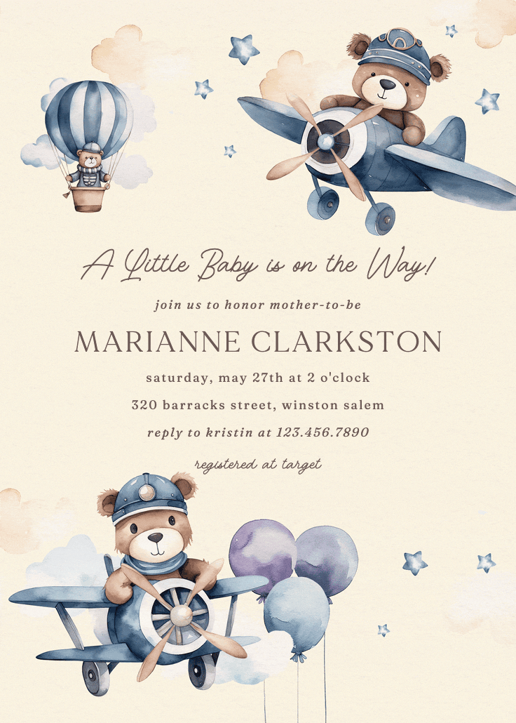 Beary cute pilot - baby shower invitation