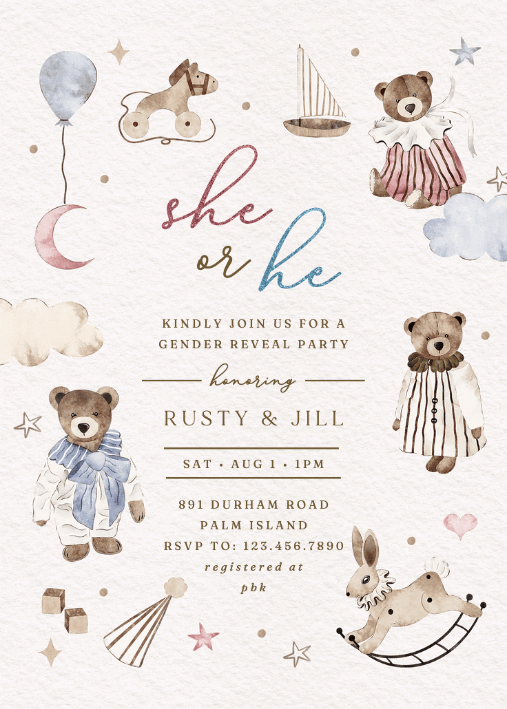 Beary sweet - gender reveal invitation