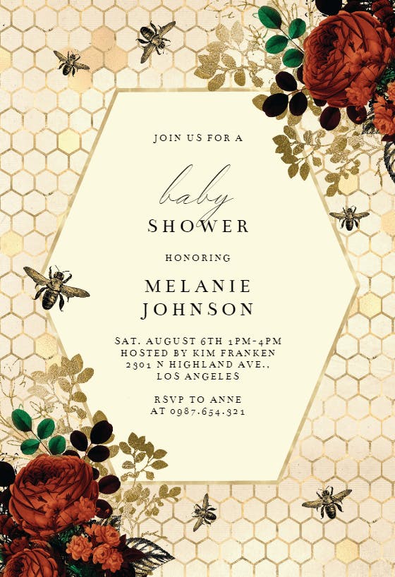 Bees and roses -  invitación para baby shower