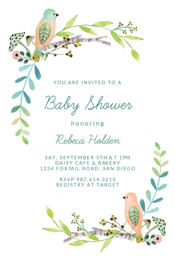 Bird wreath -  invitación para baby shower de bebé niña gratis