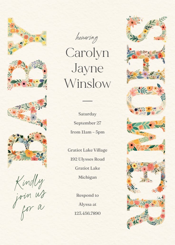 Blooming letters - baby shower invitation