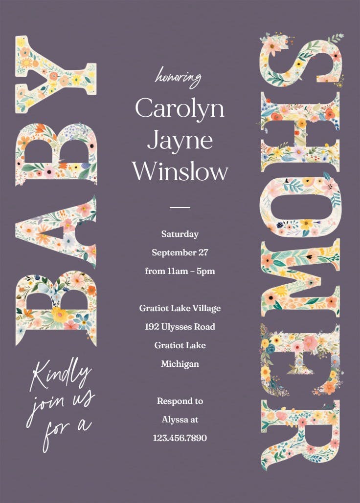 Blooming letters - baby shower invitation