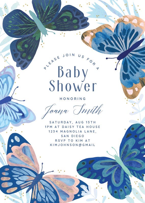Blue butterflies -  invitación para baby shower de bebé niño