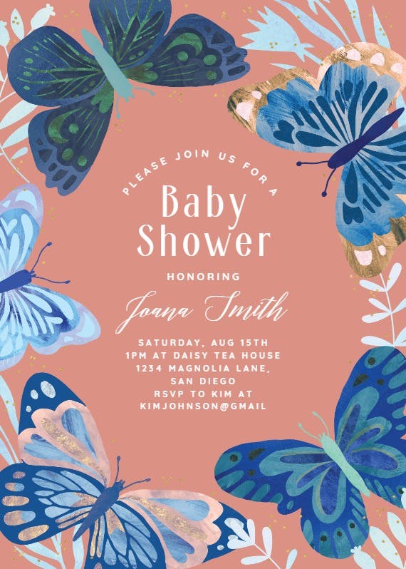 Blue butterflies -  invitación para baby shower de bebé niño gratis