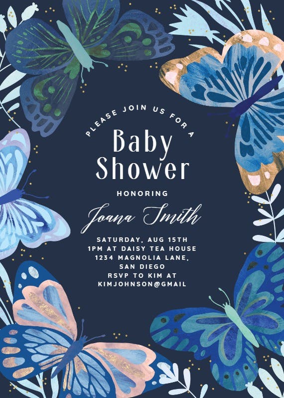 Blue butterflies - baby shower invitation