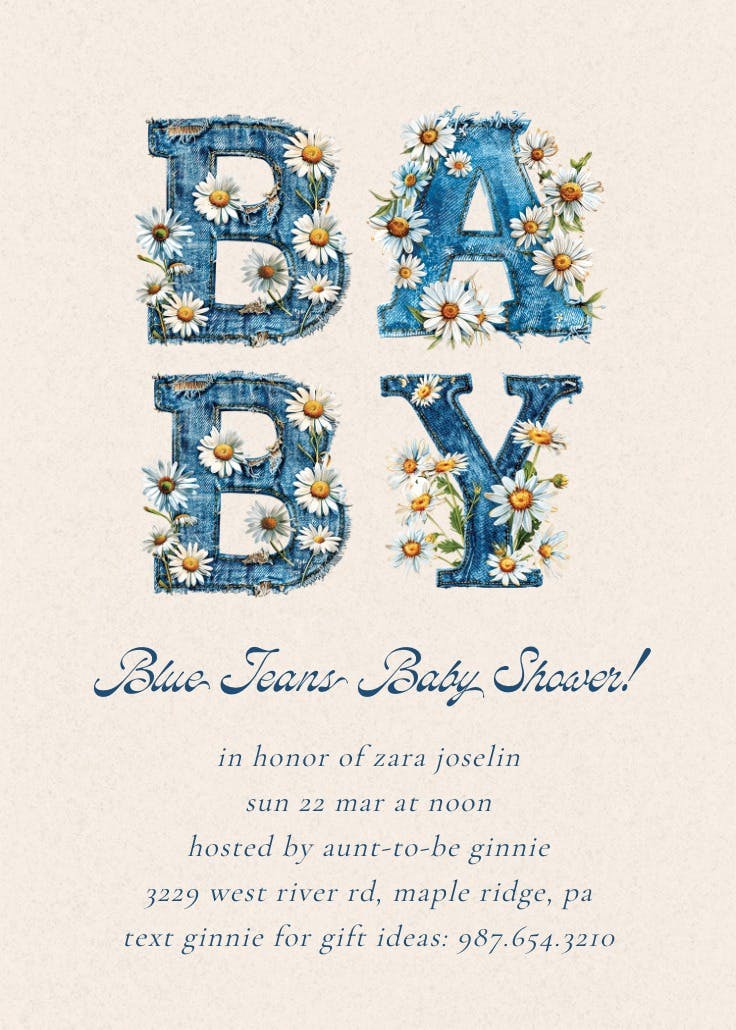 Blue jeans baby -  invitación para baby shower de bebé niño