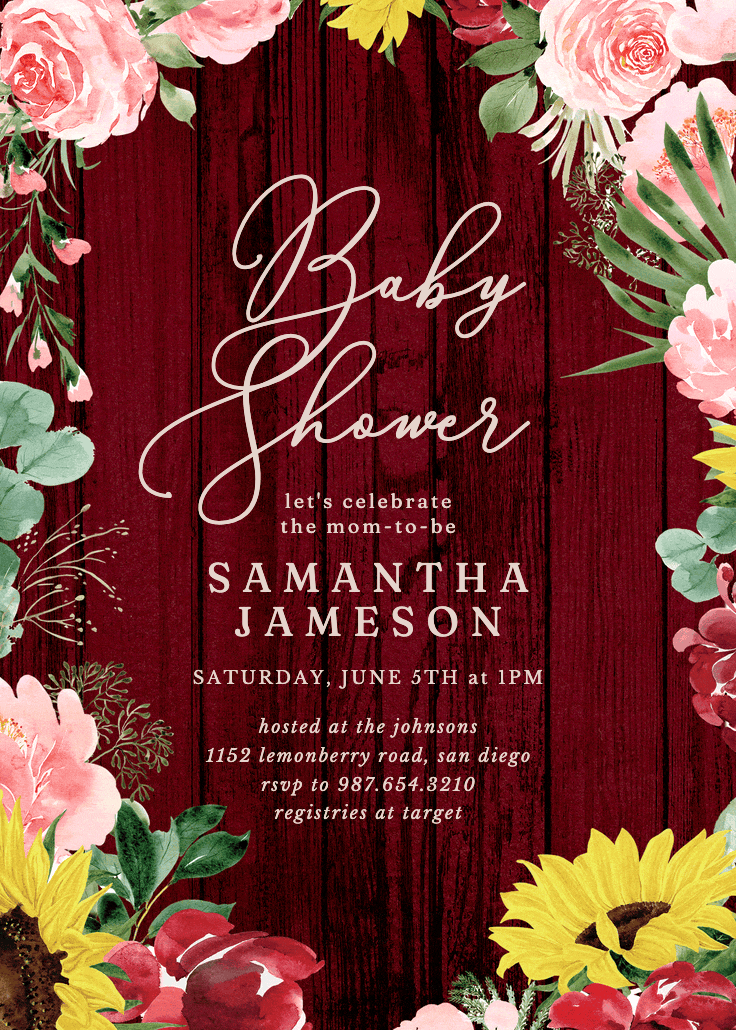 Burgundy sunflower - invitación para baby shower