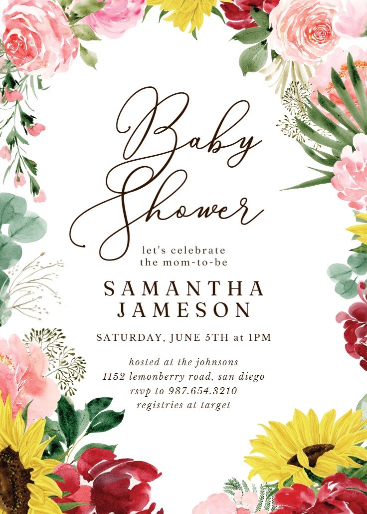 Burgundy Sunflower - Baby Shower Invitation Template | Greetings Island