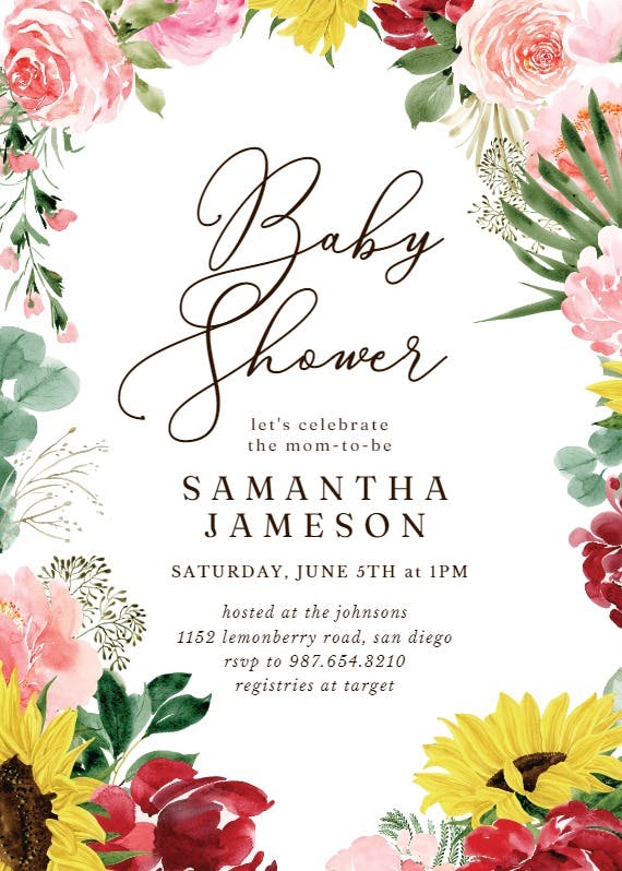 Burgundy sunflower - baby shower invitation
