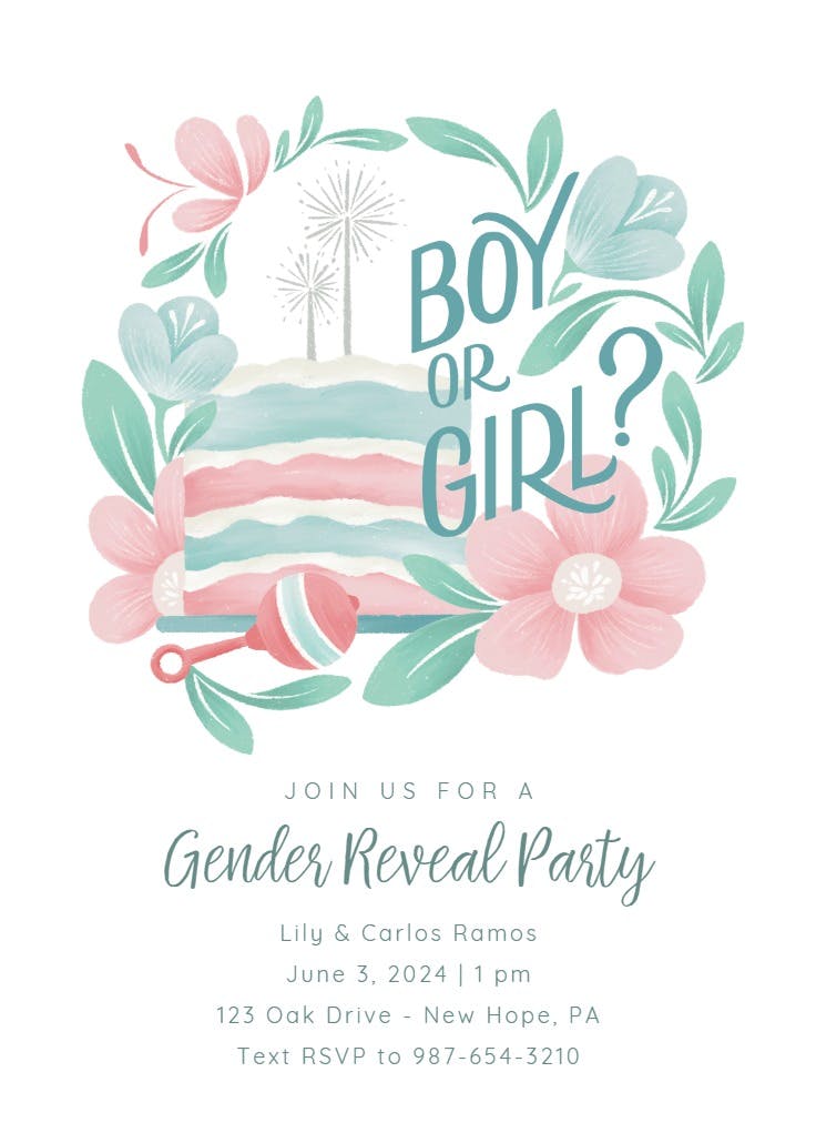 Cake & rattle - gender reveal invitation