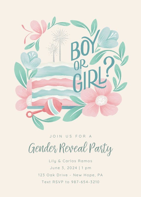 Cake & rattle - gender reveal invitation