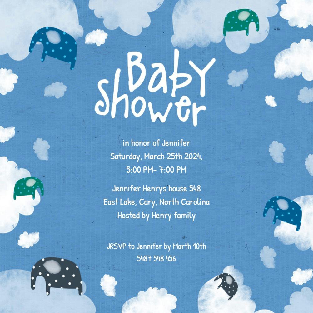 Cloud 9 elephants -  invitación para baby shower de bebé niño gratis