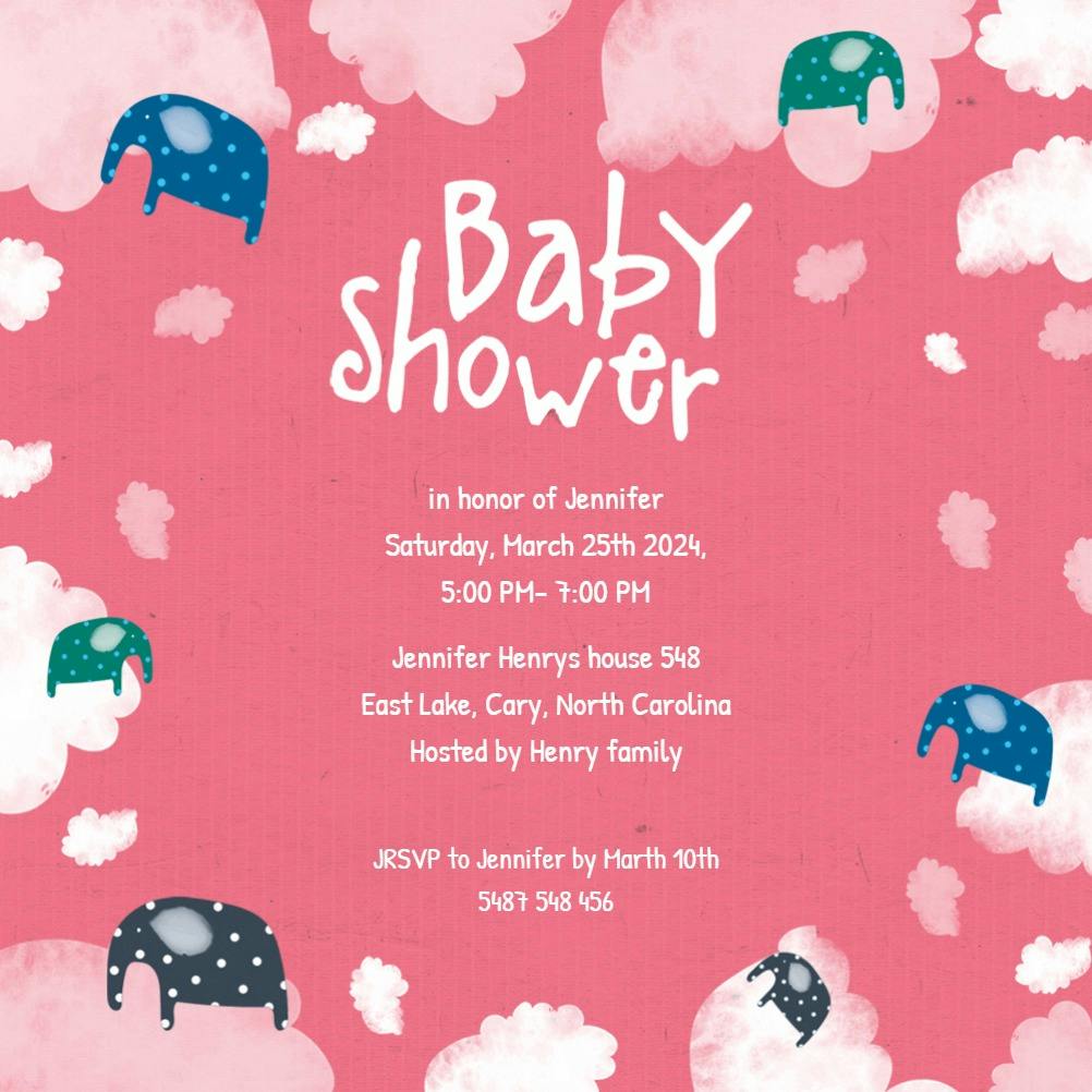 Cloud 9 elephants - baby shower invitation