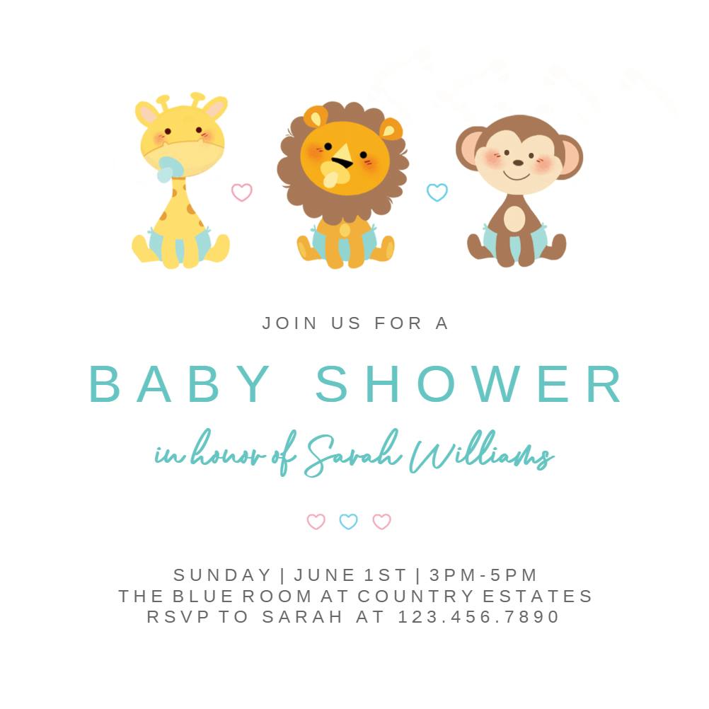Cute baby animals -  invitación para baby shower de bebé niño