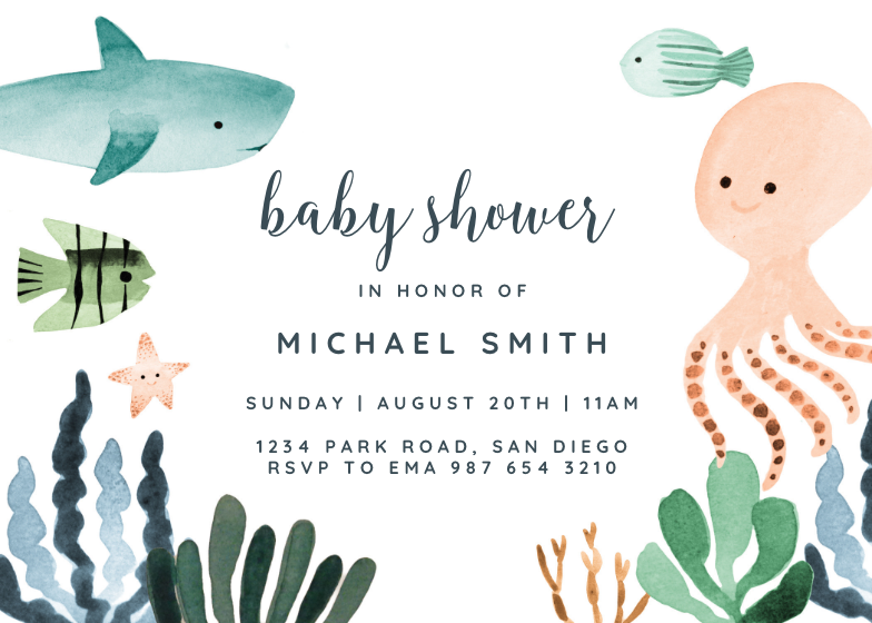 Cute Sea Creatures Baby Shower Invitation Template Free Greetings