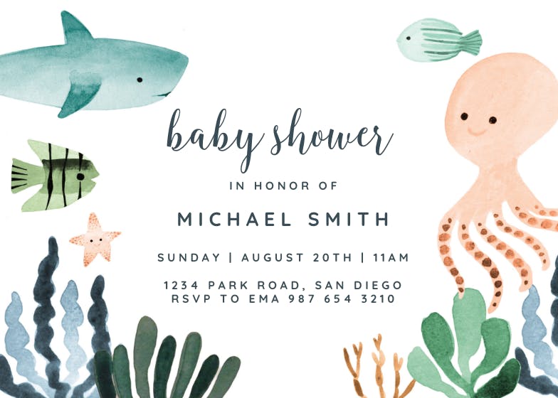 Cute sea creatures - baby shower invitation
