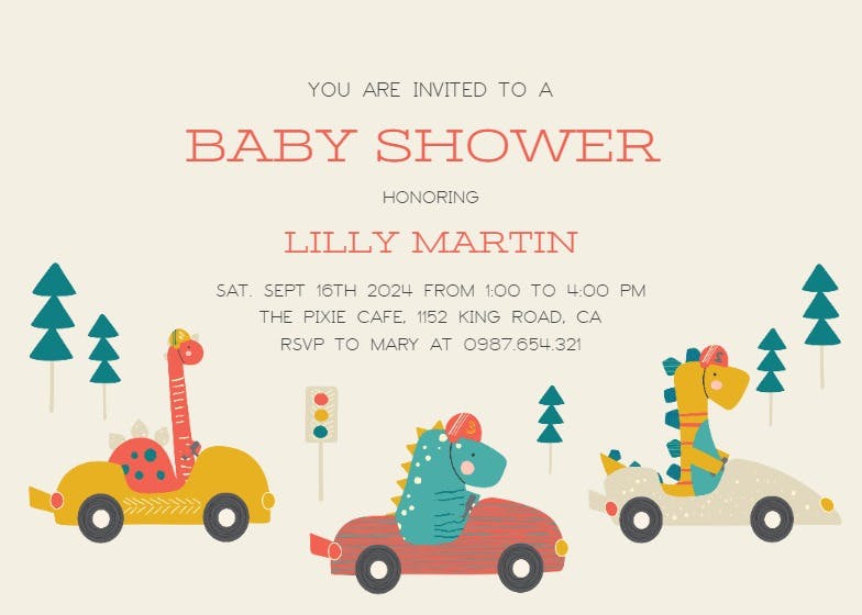 Dino race cars -  invitación para baby shower de bebé niño gratis