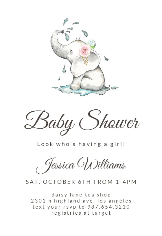 Elegant elephant -  invitación para baby shower de bebé niña gratis