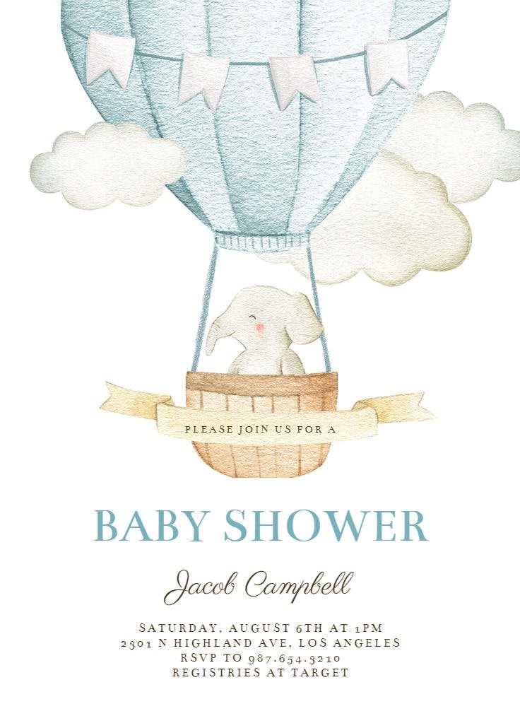 Elephant air balloon -  invitación para baby shower de bebé niño