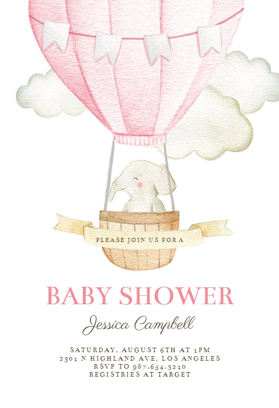 Elephant air balloon - baby shower invitation