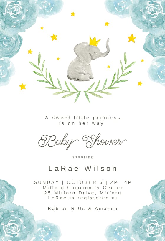 Elephant and floral wreath - baby shower invitation