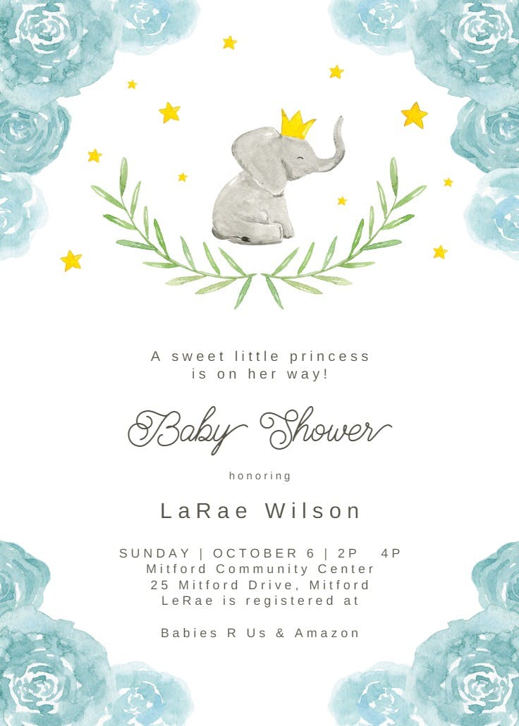 Elephant and floral wreath -  invitación para baby shower de bebé niño