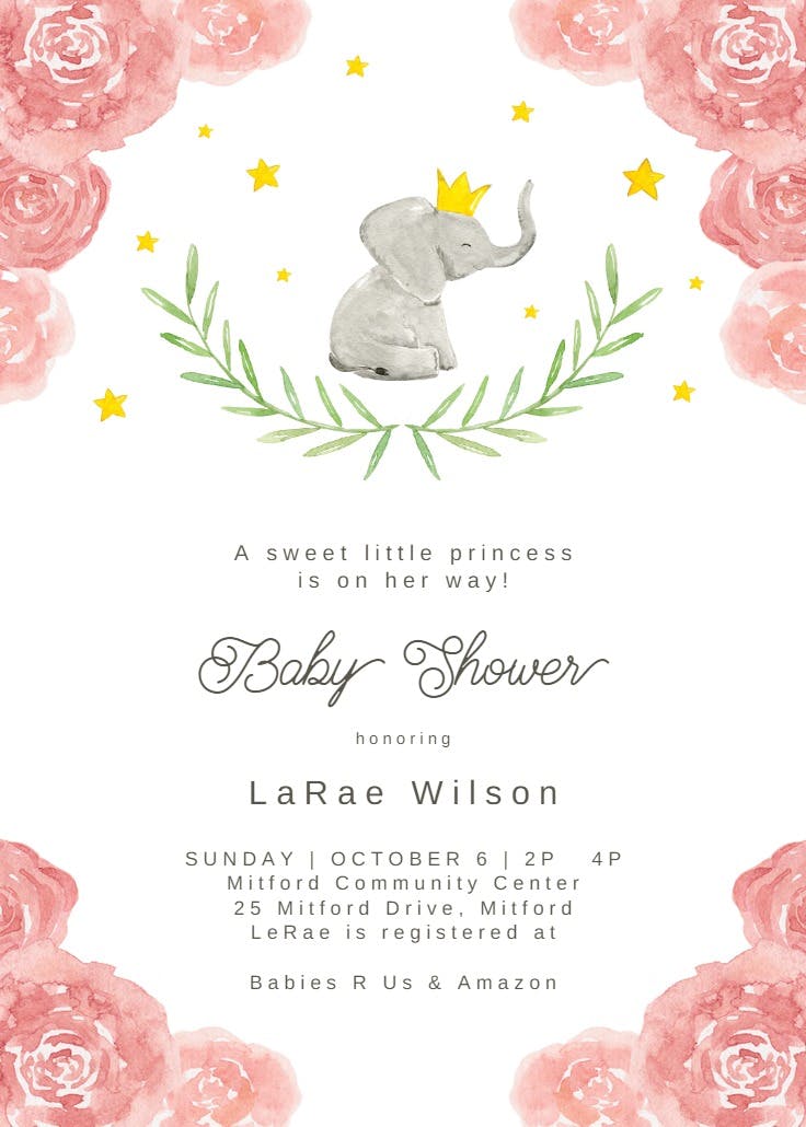 Elephant and floral wreath - baby shower invitation