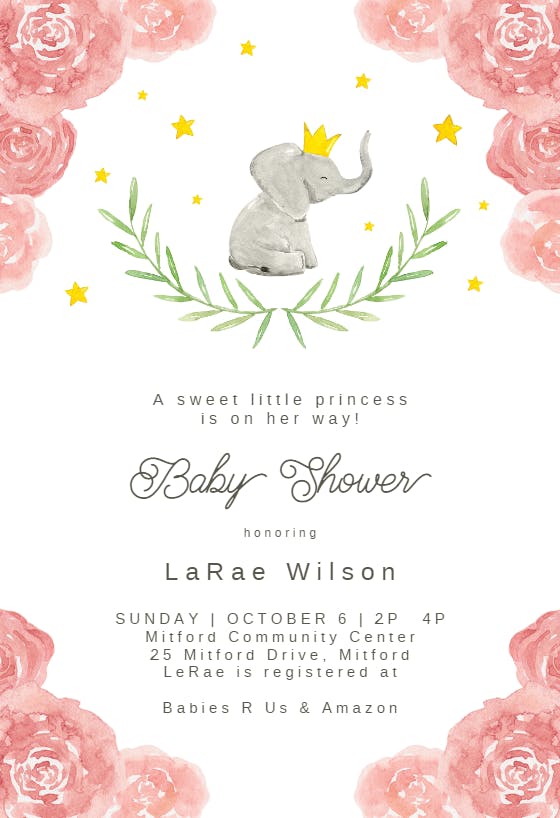 Elephant and floral wreath -  invitación para baby shower