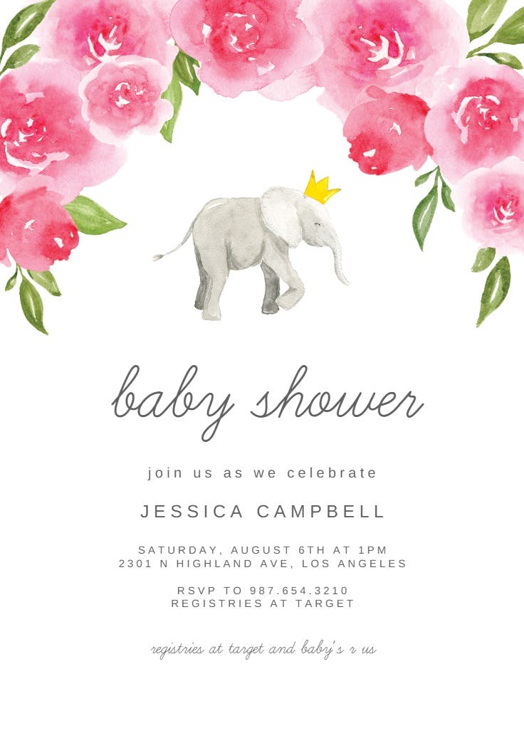 Elephant and flowers - invitación para baby shower