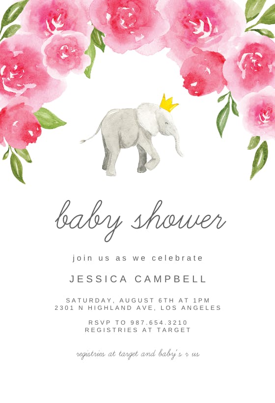 Elephant and flowers - baby shower invitation