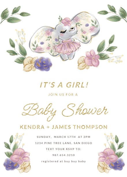 Elephant baby girl - baby shower invitation