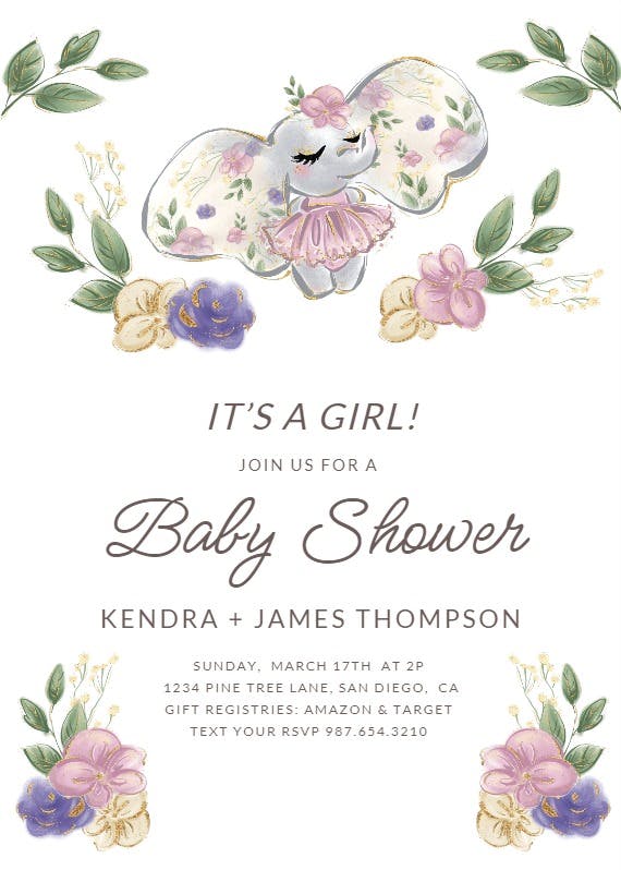 Elephant baby girl - baby shower invitation