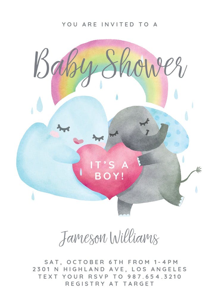 Elephant cloud rainbow - baby shower invitation