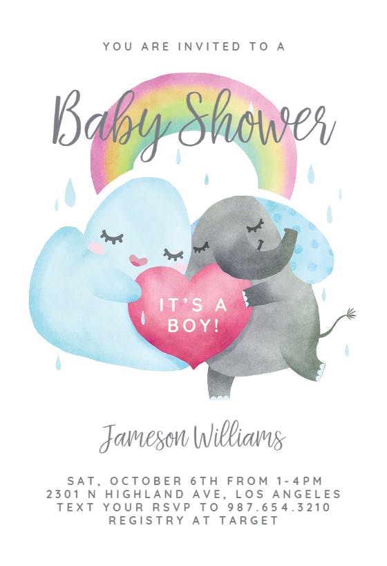 Elephant cloud rainbow -  invitación para baby shower de bebé niño