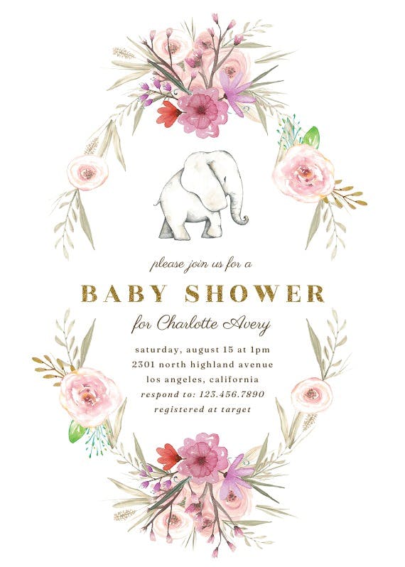 Elephant flower wreath - baby shower invitation