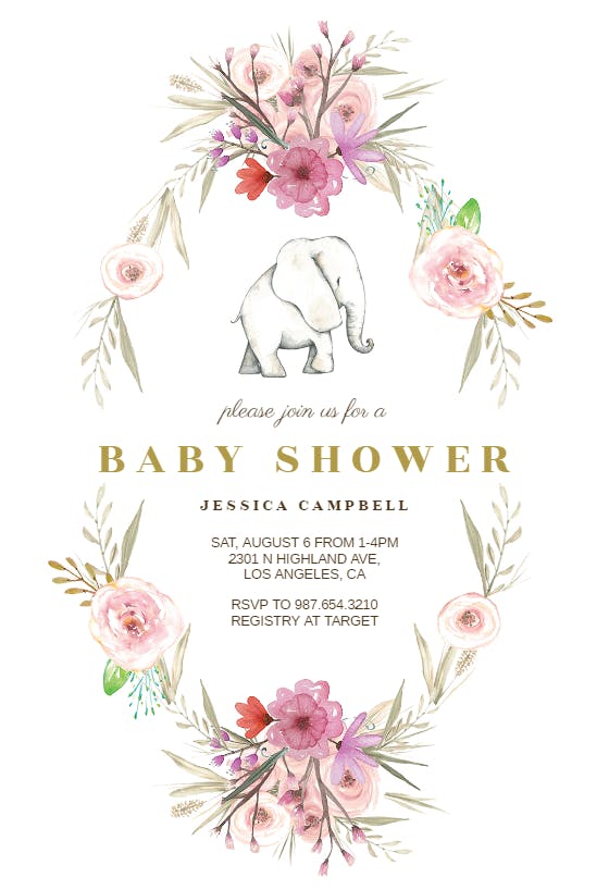 Elephant flower wreath - baby shower invitation