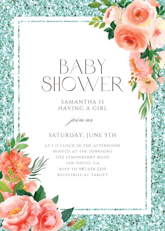 Floral and glitter - baby shower invitation