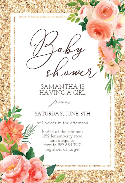 Floral And Glitter - Baby Shower Invitation Template | Greetings Island