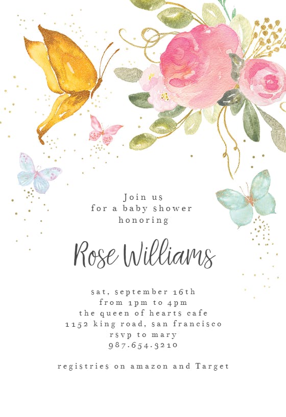 Floral butterflies -  invitación para baby shower de bebé niña gratis