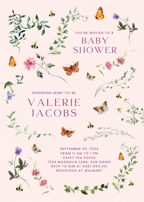 Floral dance with butterflies -  invitación para baby shower